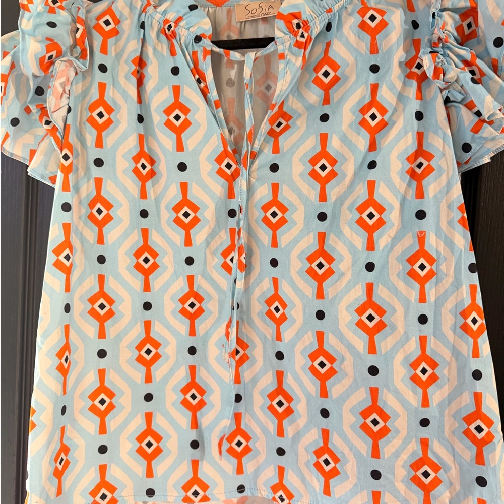 Sofia Light Blue & Orange Geometric Short Sleeve Blouse